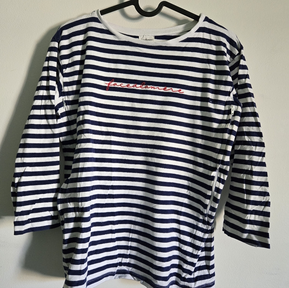 Tajinebanane - For Breastfeeding : Striped Long Sleeve Shirt with Red Embroidery